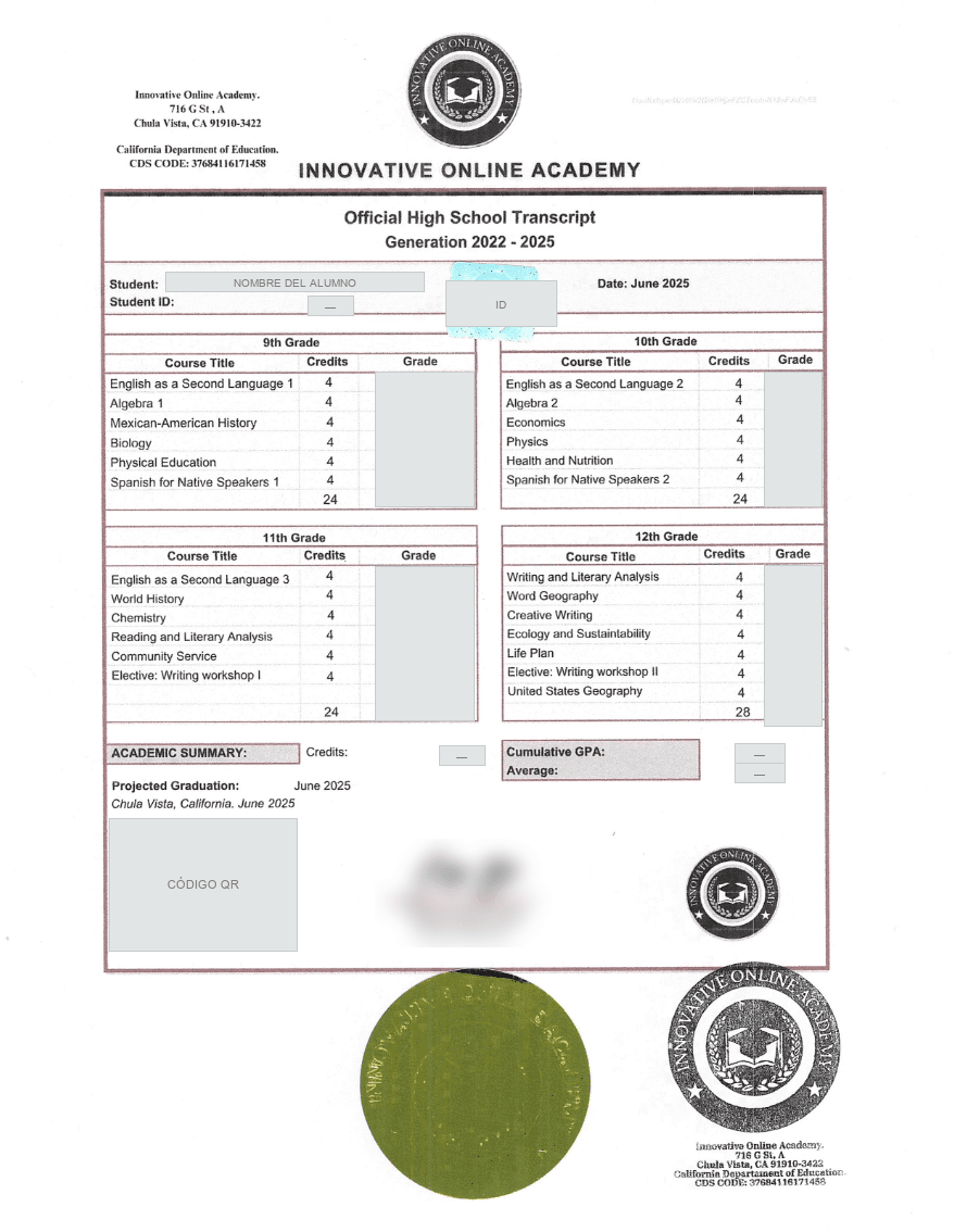 Certificado internacional — muestra del formato, con los datos personales protegidos