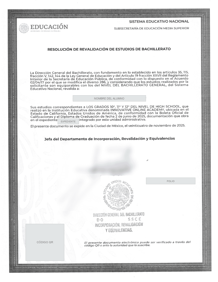 Revalidación oficial SEP — muestra del formato, con los datos personales protegidos
